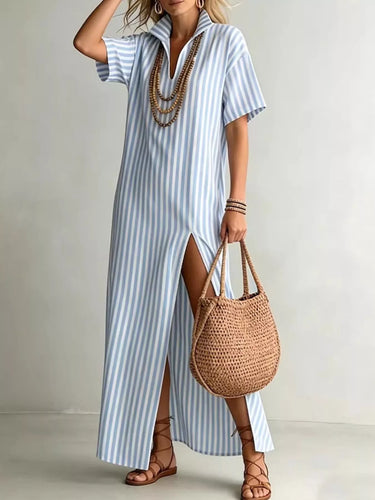 Robe chemise longue rayée avec fente haute