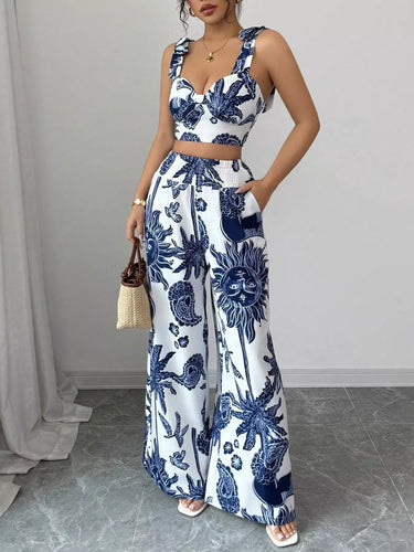 Ensemble top court imprimé floral et pantalon large