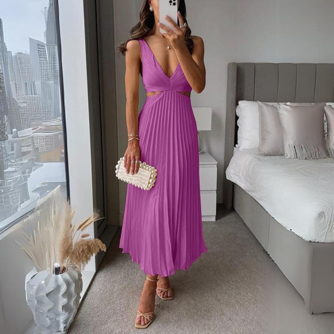 Midi Kleid Ärmellos V-Ausschnitt Twist Front & Cut Out Detail Plissierter Rock