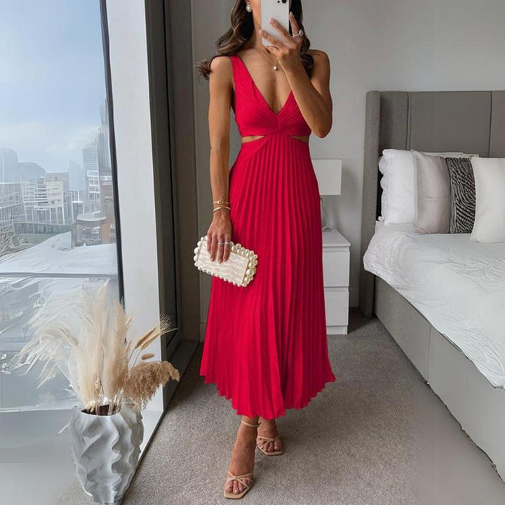 Midi Kleid Ärmellos V-Ausschnitt Twist Front & Cut Out Detail Plissierter Rock