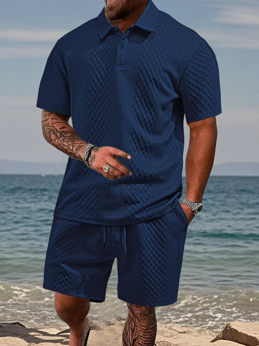 Heren grote maten gestructureerd polo en shorts set