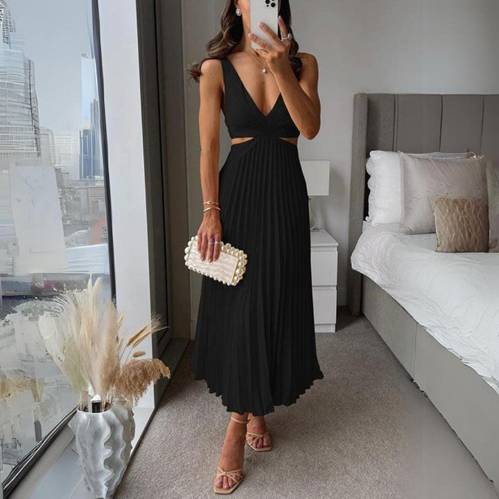 Midi Kleid Ärmellos V-Ausschnitt Twist Front & Cut Out Detail Plissierter Rock
