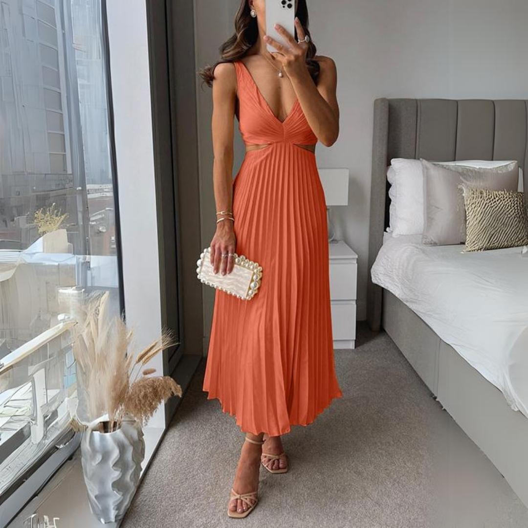 Midi Kleid Ärmellos V-Ausschnitt Twist Front & Cut Out Detail Plissierter Rock
