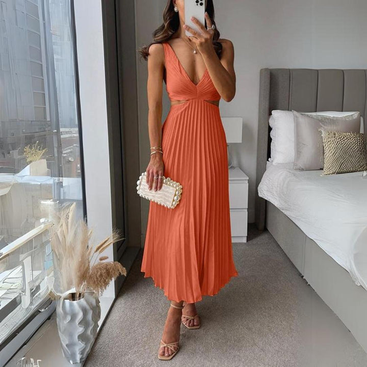 Midi Kleid Ärmellos V-Ausschnitt Twist Front & Cut Out Detail Plissierter Rock
