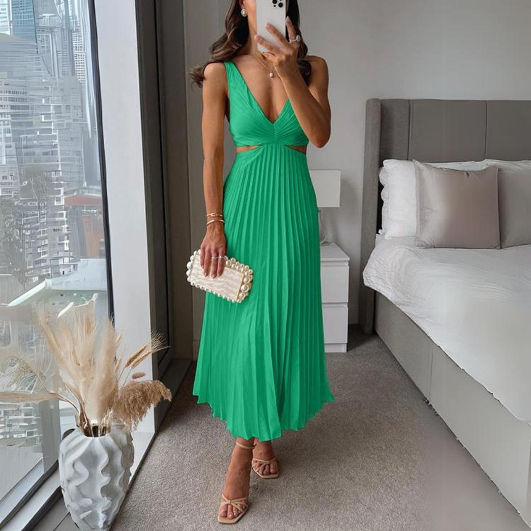 Midi Kleid Ärmellos V-Ausschnitt Twist Front & Cut Out Detail Plissierter Rock