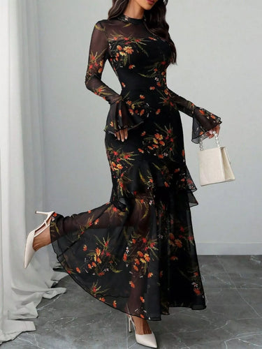 Robe longue sirène à imprimé floral et manches à volants