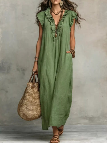 Grande taille Robe longue à col en V et manches volantées