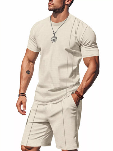 Men's Full Size Casual Striped Short Sleeve T-Shirt and Shorts Set Plus Size