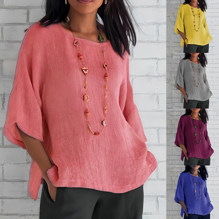 Rosafarbenes, Lockeres Rundhals-Shirt mit 3/4-Ärmeln für Damen