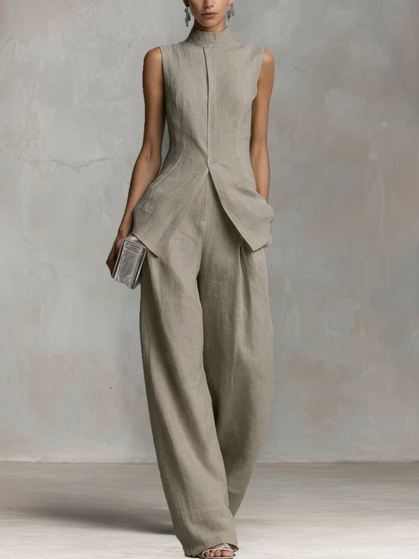Damen Eleganter Jumpsuit mit hochgeschlossenem Kragen und weitem Bein
