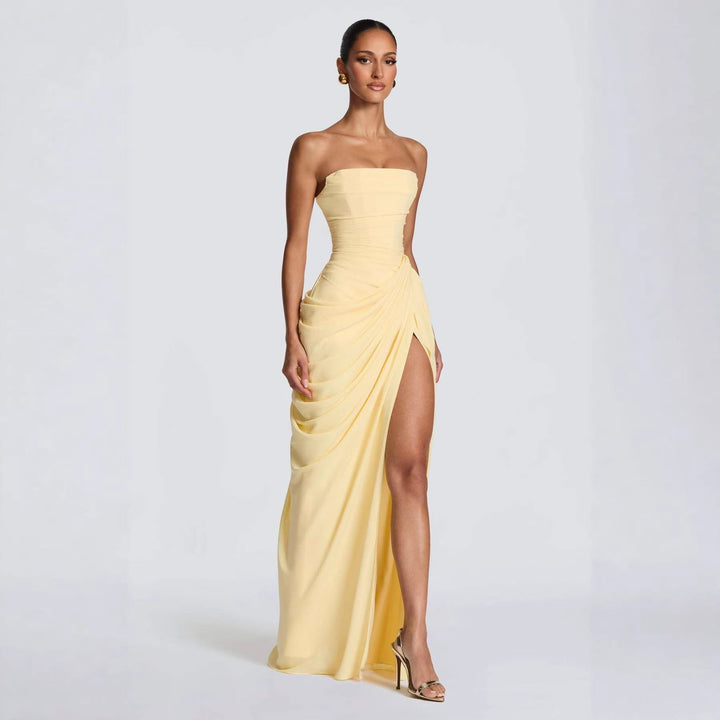 Damen Elegantes Langarm Abendkleid mit asymmetrischer Drapierung und schmalem Schlitz