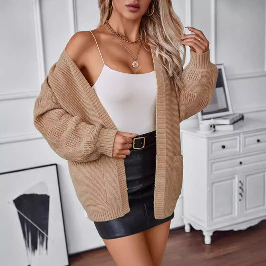 Damen weit geschnittene Strickjacke mit Taschen und strukturiertem Ärmel Merchesia