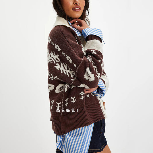 Damen Strickjacke mit floralem Muster und kleinen Knöpfen Merchesia