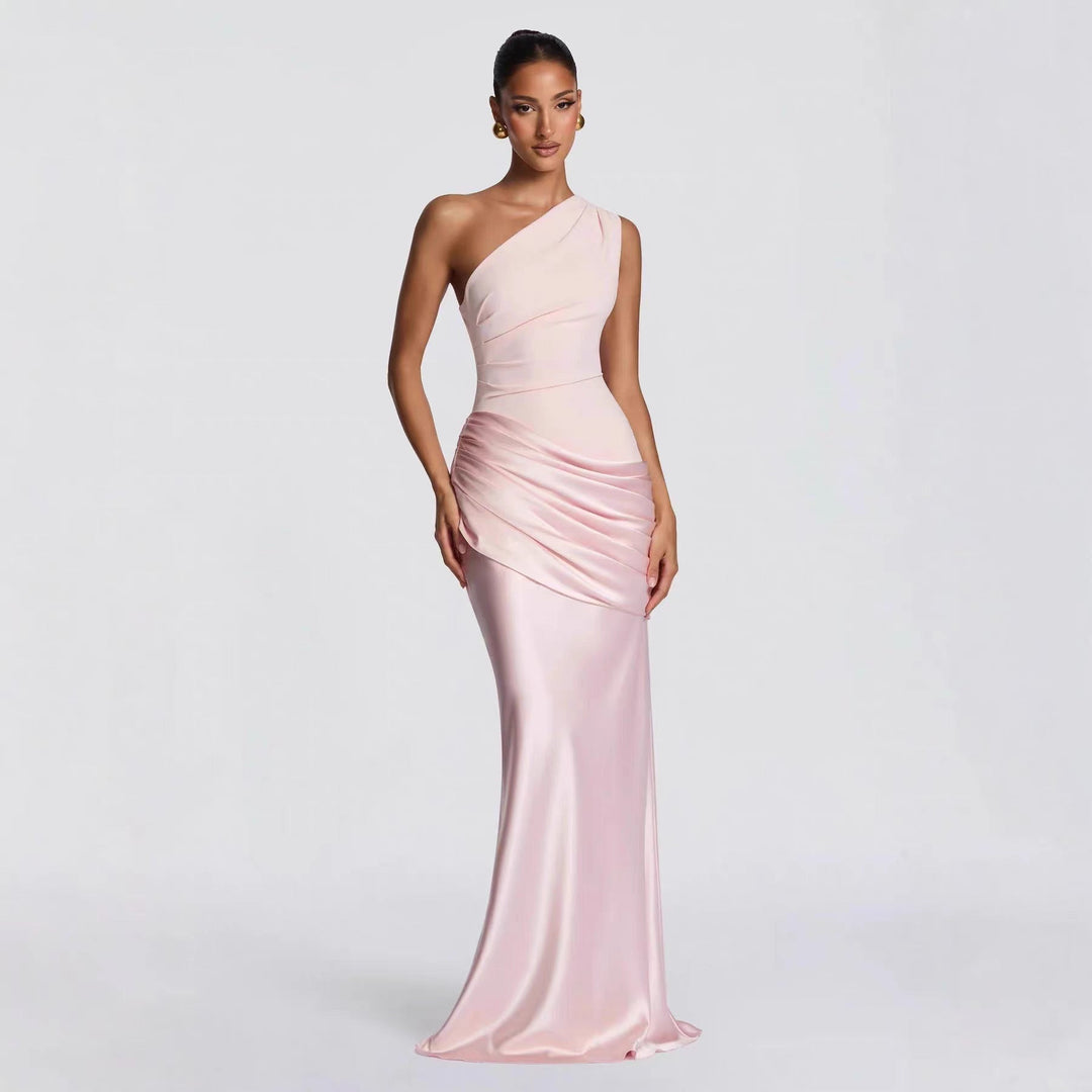 Damen elegantes asymmetrisches Satin-Abendkleid mit Drapé-Design