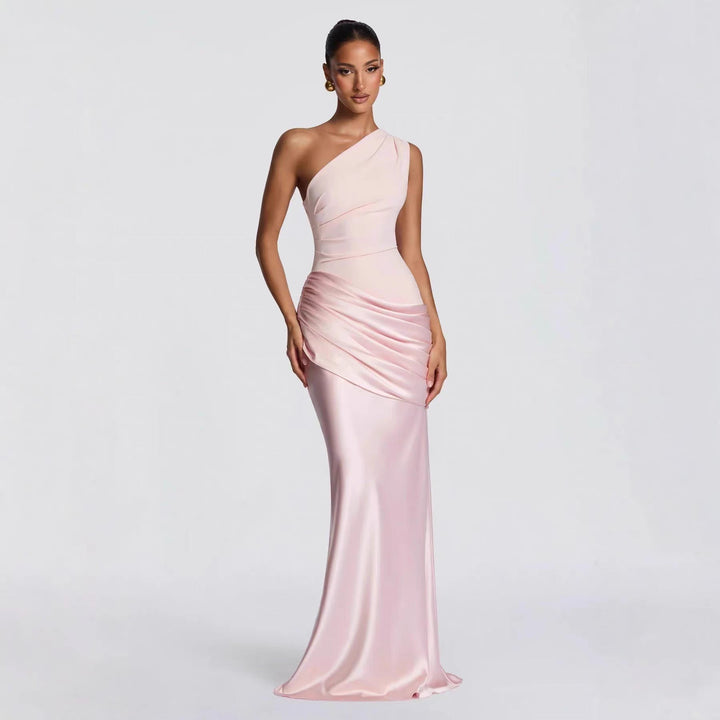 Damen elegantes asymmetrisches Satin-Abendkleid mit Drapé-Design
