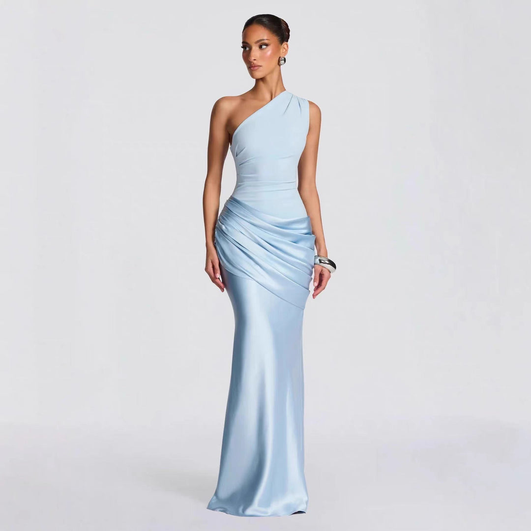 Damen elegantes asymmetrisches Satin-Abendkleid mit Drapé-Design