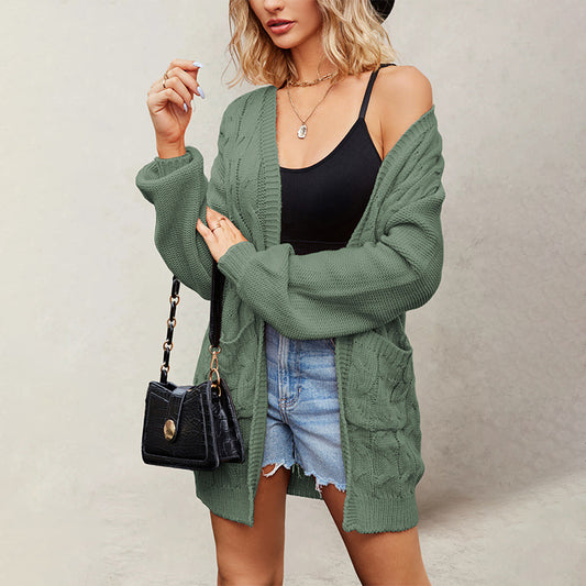 Damen Komfortable Strickjacke mit Taschen und Kabelmuster Merchesia