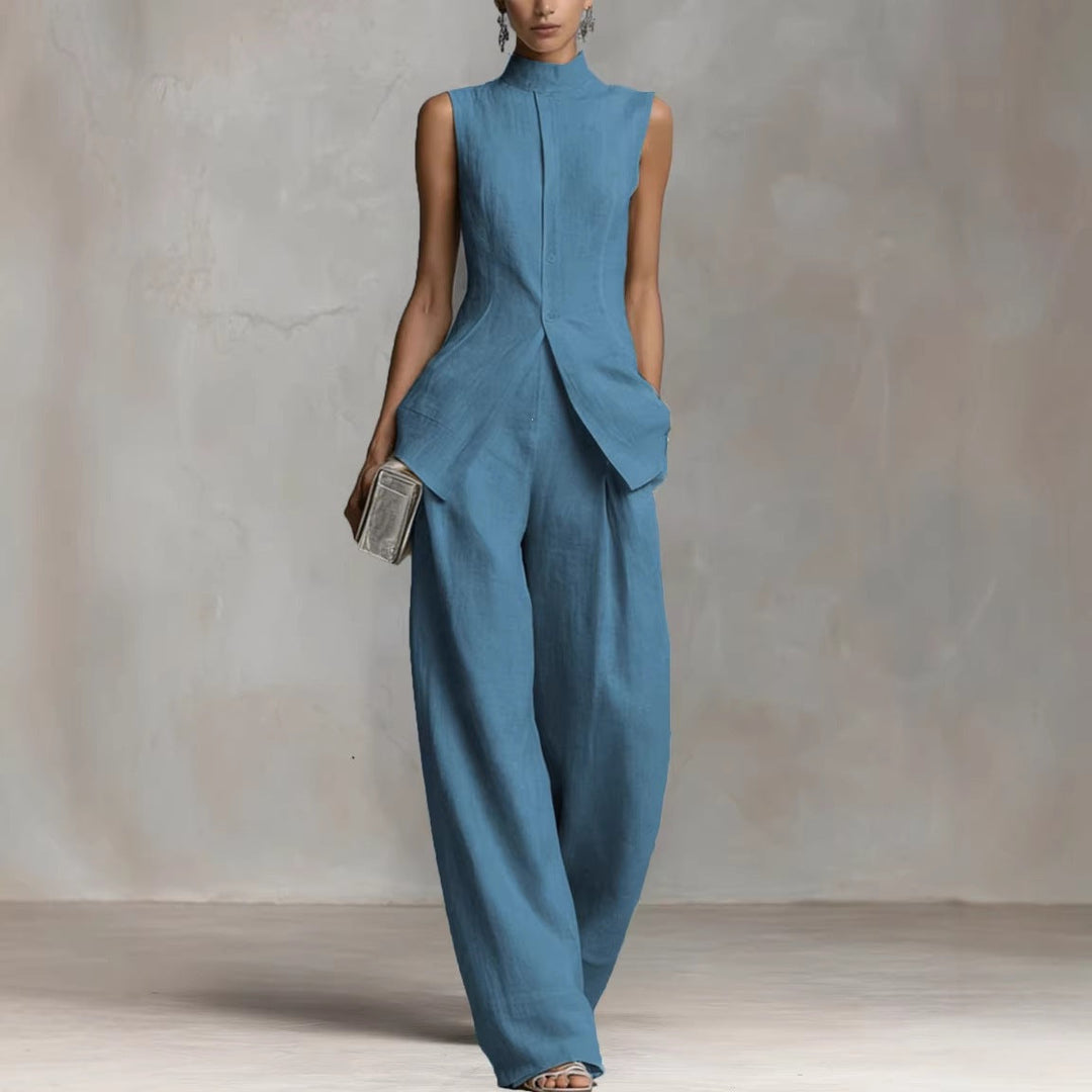 Damen Eleganter Jumpsuit mit hochgeschlossenem Kragen und weitem Bein