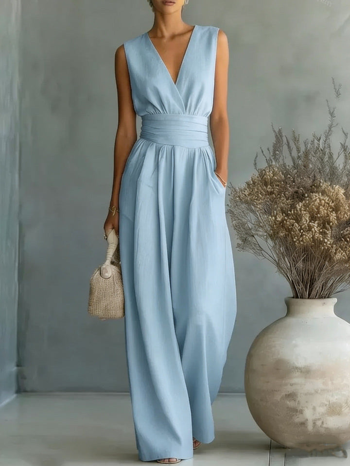 Eleganter Ärmelloser Jumpsuit mit Tiefem V-Ausschnitt, Taillenbund und Weitem Bein