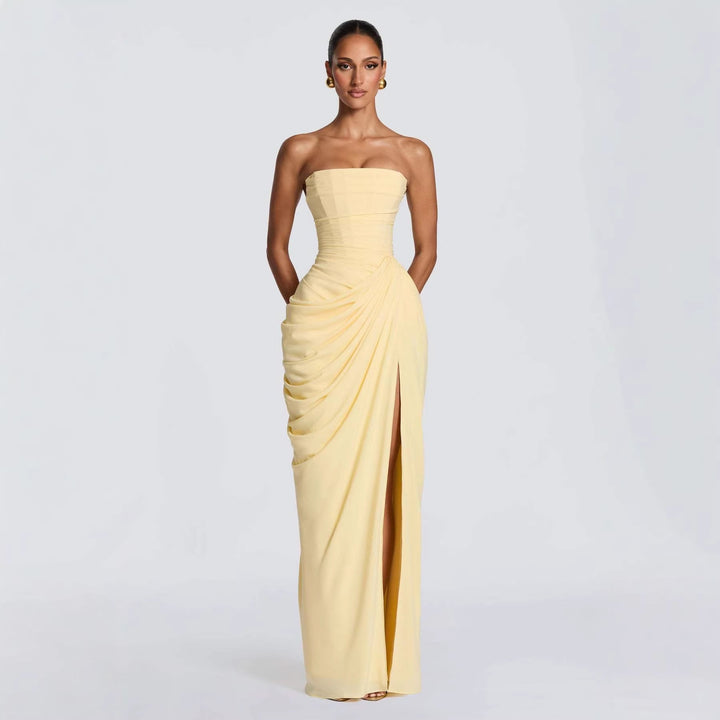Damen Elegantes Langarm Abendkleid mit asymmetrischer Drapierung und schmalem Schlitz
