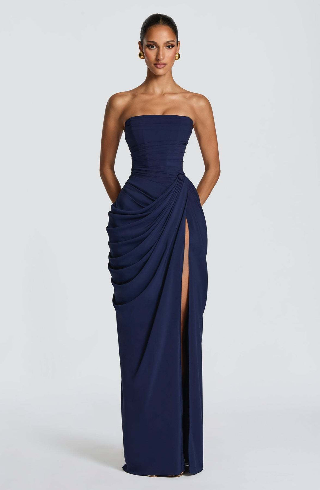 Damen Elegantes Langarm Abendkleid mit asymmetrischer Drapierung und schmalem Schlitz