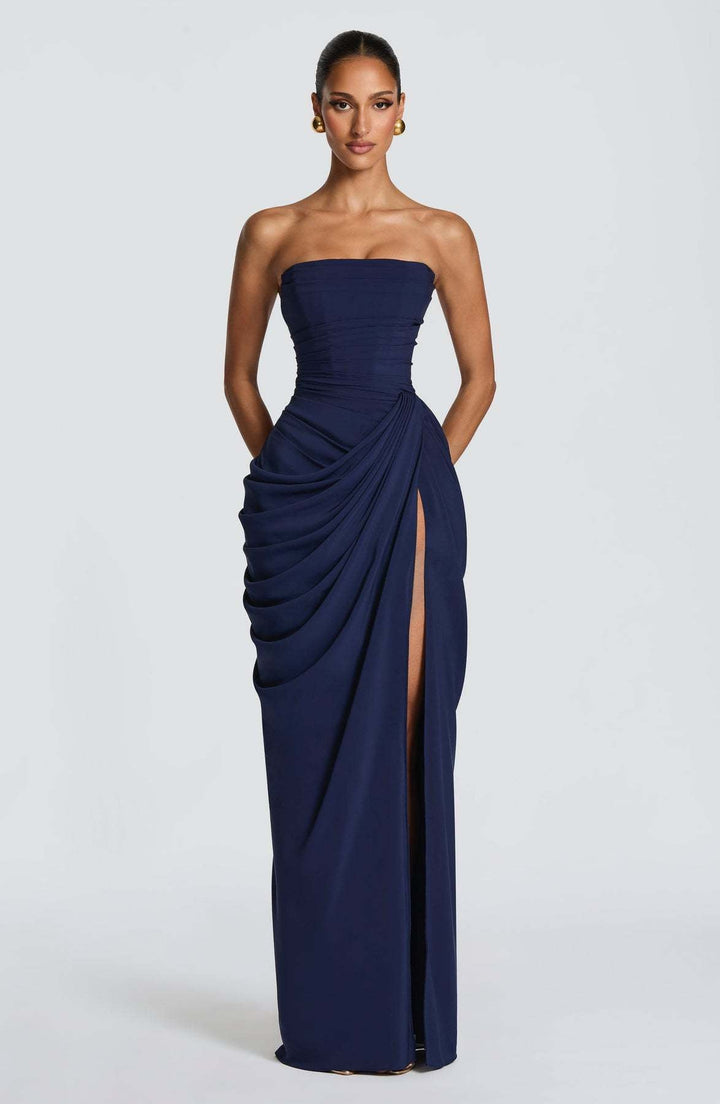 Damen Elegantes Langarm Abendkleid mit asymmetrischer Drapierung und schmalem Schlitz