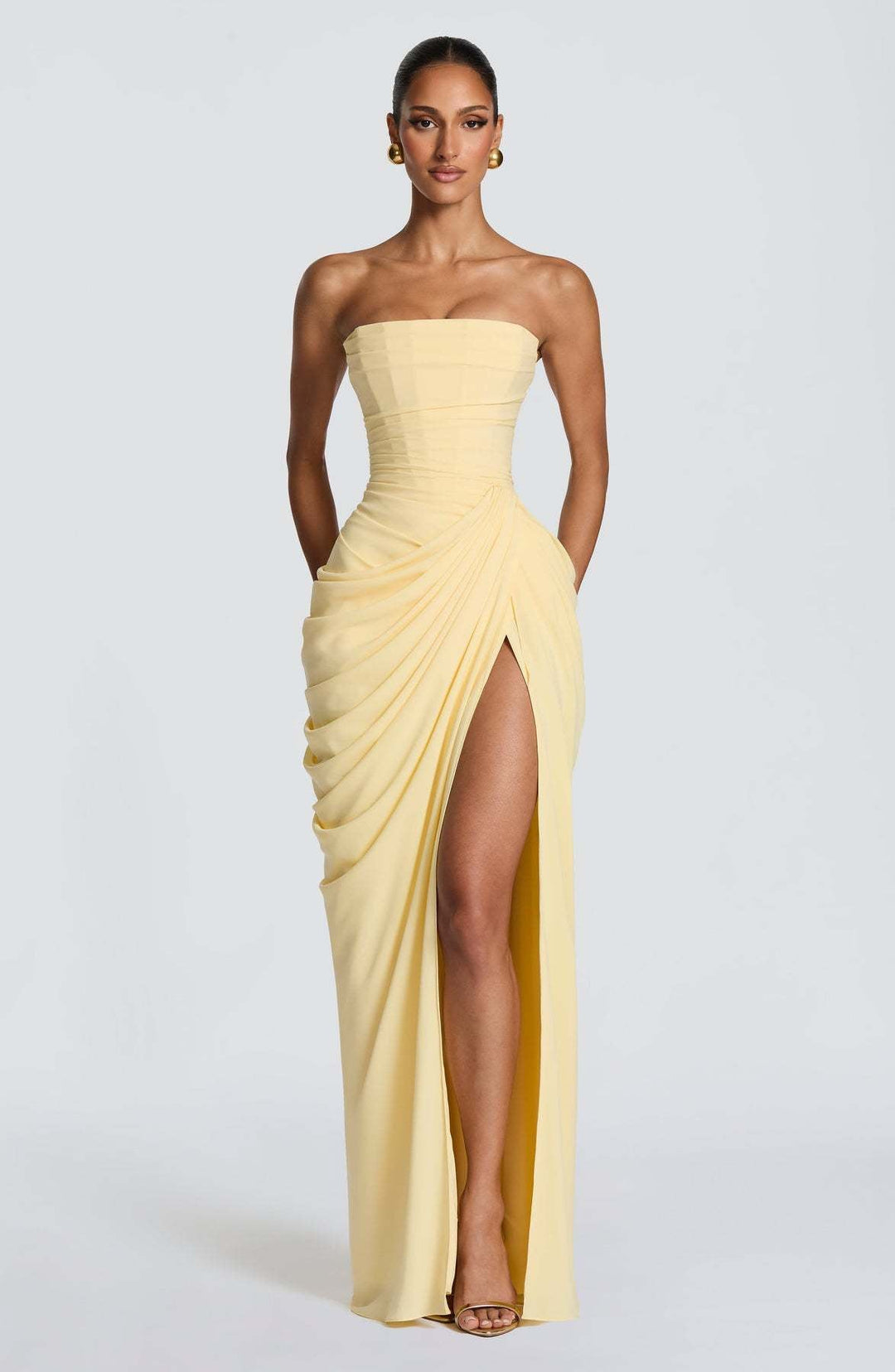 Damen Elegantes Langarm Abendkleid mit asymmetrischer Drapierung und schmalem Schlitz