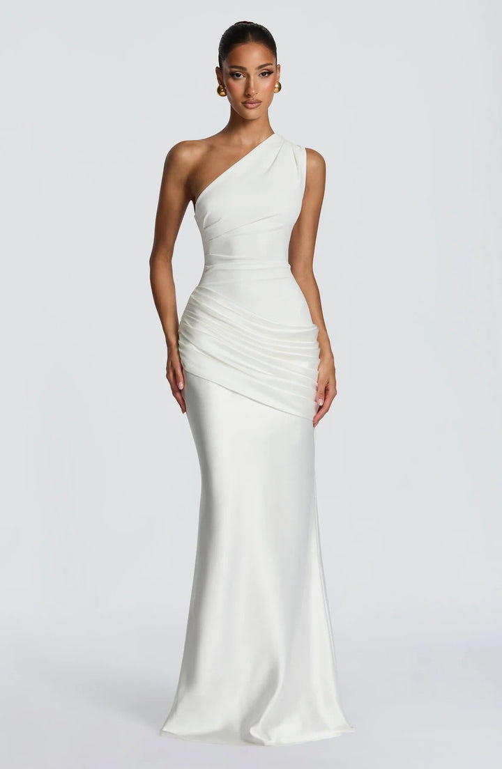 Damen elegantes asymmetrisches Satin-Abendkleid mit Drapé-Design