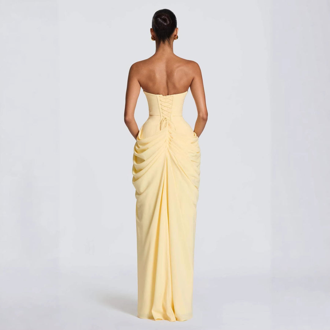 Damen Elegantes Langarm Abendkleid mit asymmetrischer Drapierung und schmalem Schlitz