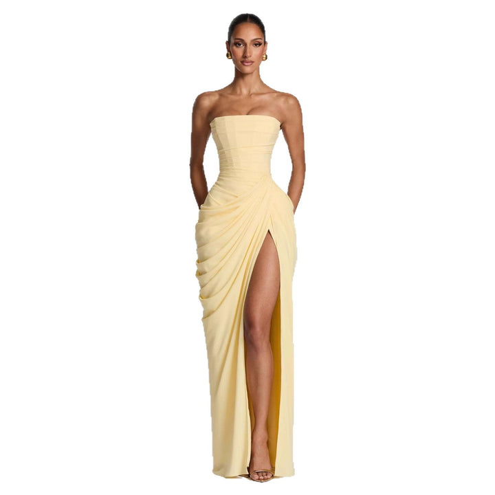 Damen Elegantes Langarm Abendkleid mit asymmetrischer Drapierung und schmalem Schlitz
