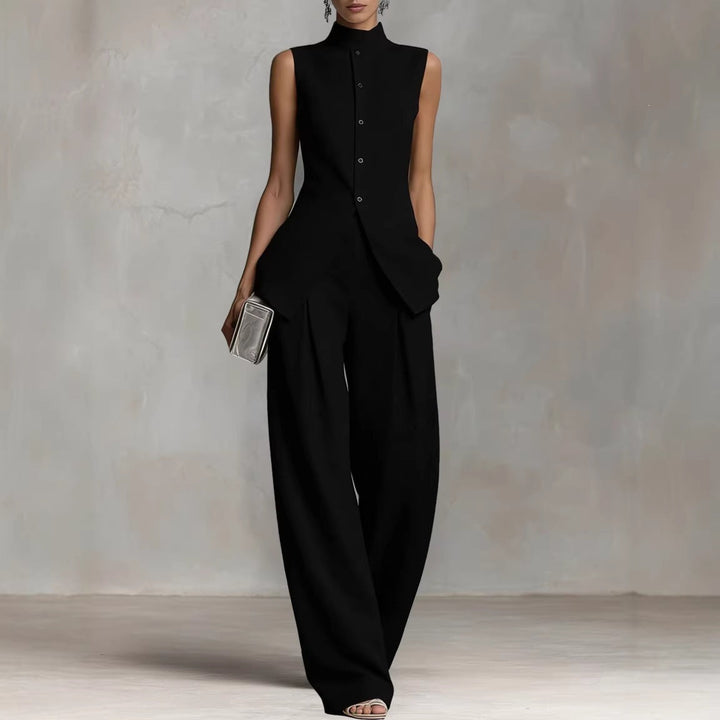 Damen Eleganter Jumpsuit mit hochgeschlossenem Kragen und weitem Bein