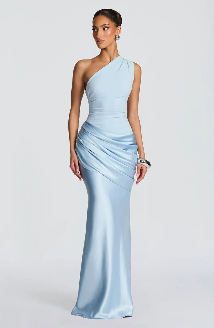 Damen elegantes asymmetrisches Satin-Abendkleid mit Drapé-Design