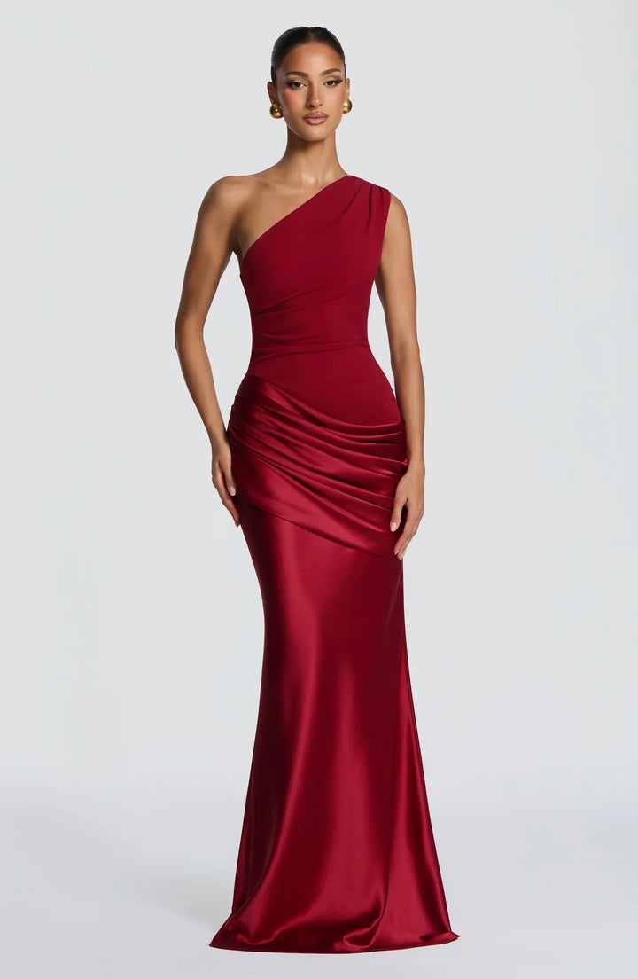 Damen elegantes asymmetrisches Satin-Abendkleid mit Drapé-Design