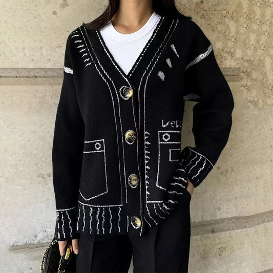 Damen Designer-Strickjacke mit auffälligem geometrischem Muster und großen Knöpfen Merchesia