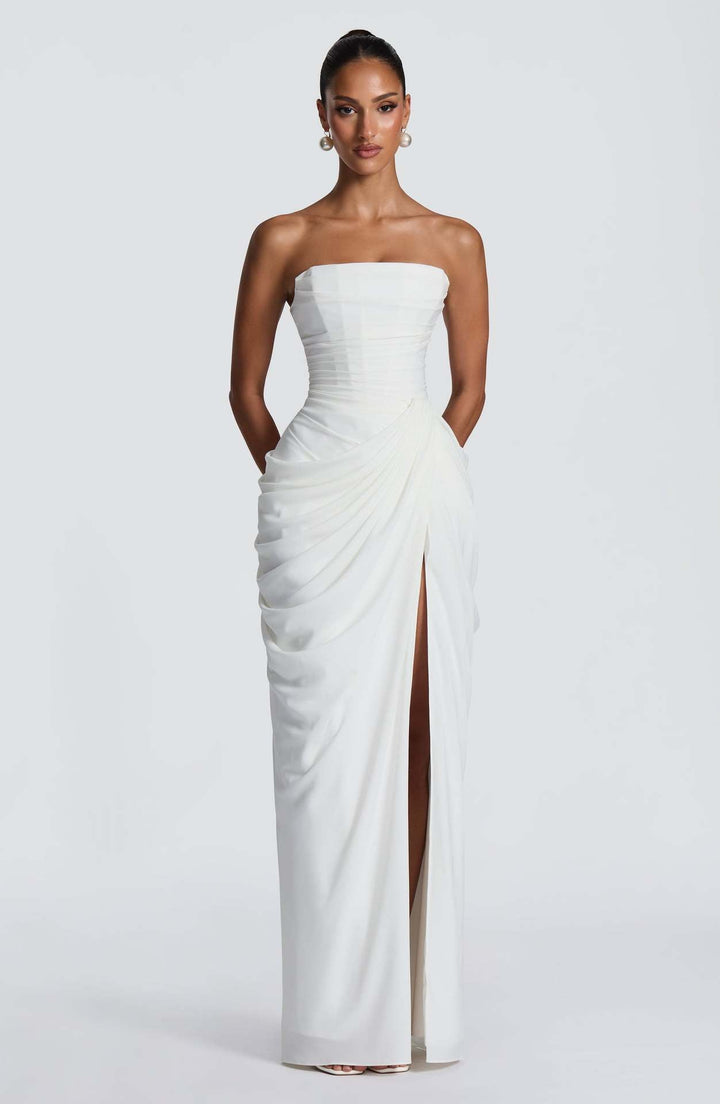 Damen Elegantes Langarm Abendkleid mit asymmetrischer Drapierung und schmalem Schlitz