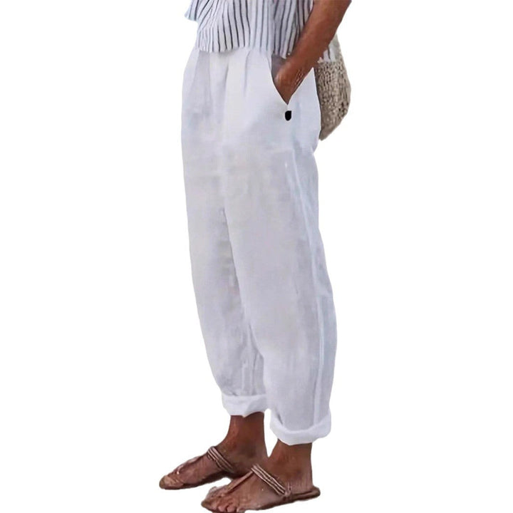 Pantalon en lin léger et aérien pour femme avec taille élastiquée et poches latérales