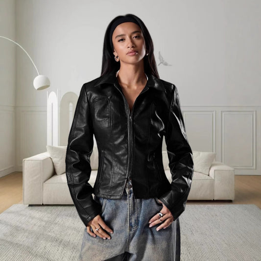 Damen Hochwertige Kunstlederjacke im figurbetonten Schnitt Merchesia