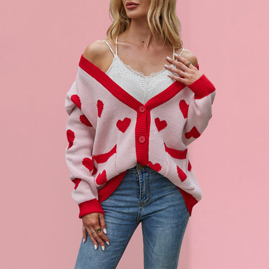 Damen kuschelige Strickjacke mit Herzmuster und großen Taschen Merchesia