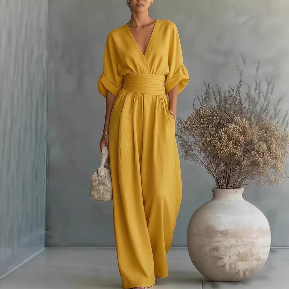 Damen Jumpsuit mit elegantem V-Ausschnitt und weitem Bein
