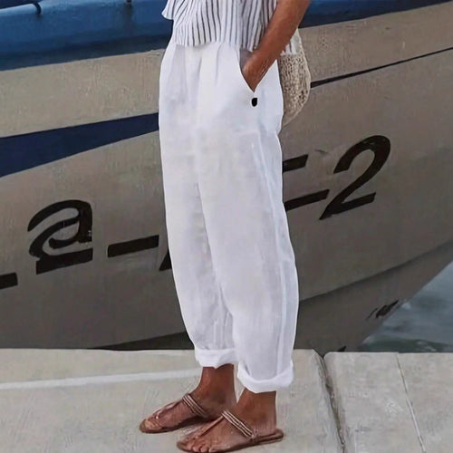 Pantalon en lin léger et aérien pour femme avec taille élastiquée et poches latérales
