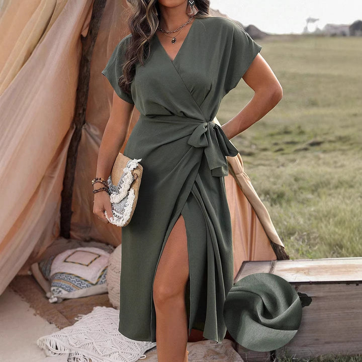 Damen Wickelkleid mit hohem Schlitz und elegantem V-Ausschnitt