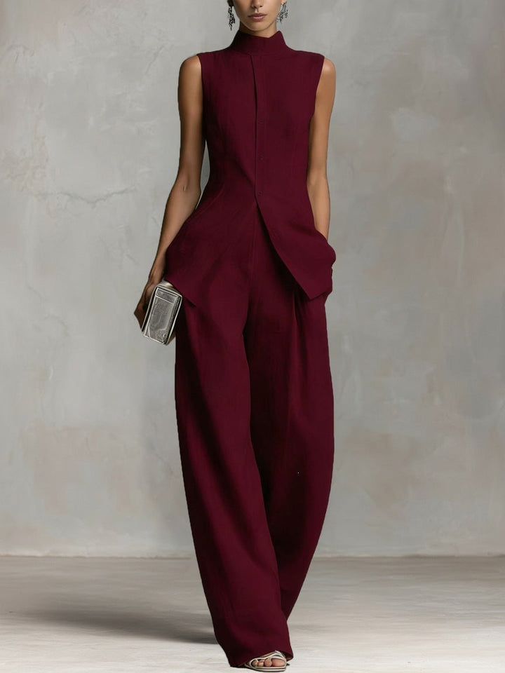 Damen Eleganter Jumpsuit mit hochgeschlossenem Kragen und weitem Bein