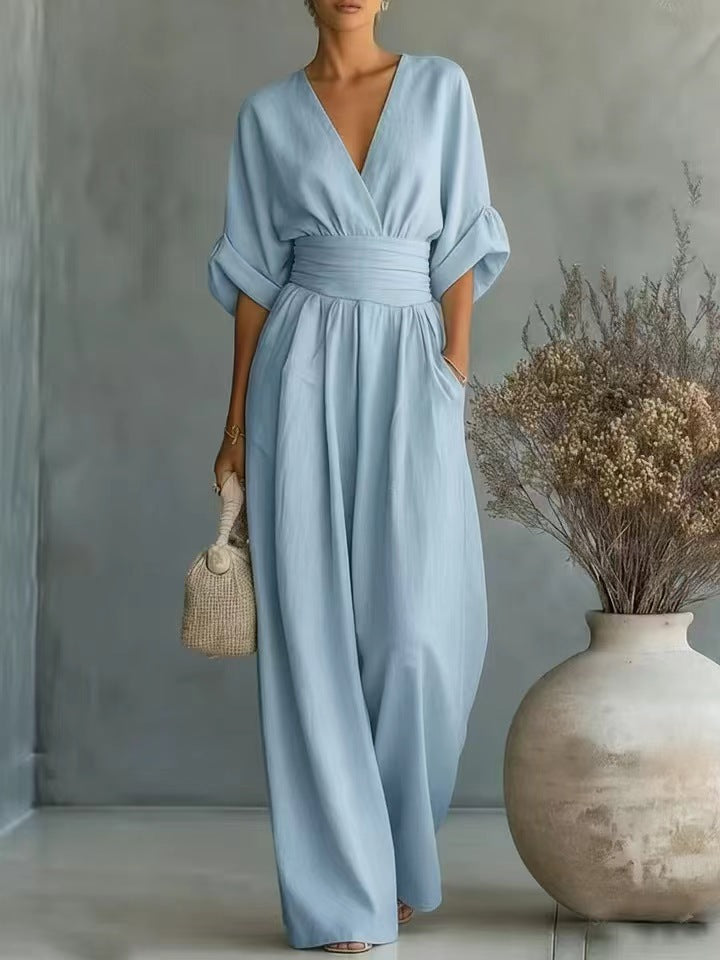 Damen Jumpsuit mit elegantem V-Ausschnitt und weitem Bein
