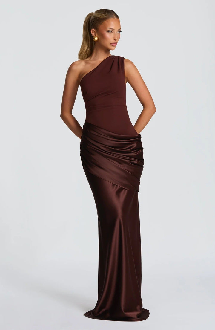 Damen elegantes asymmetrisches Satin-Abendkleid mit Drapé-Design