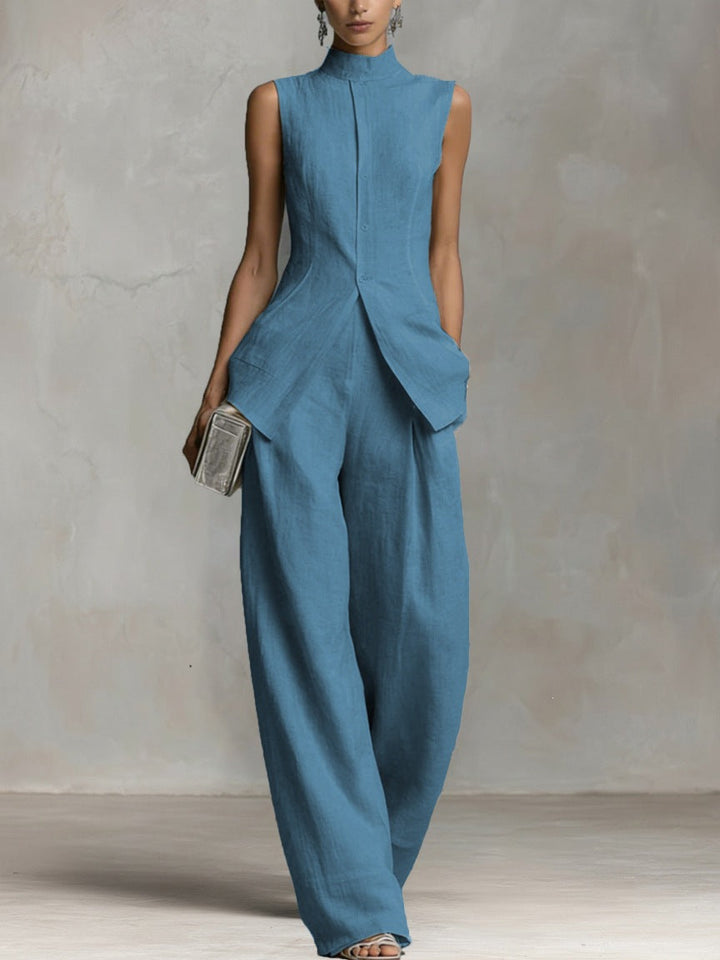 Damen Eleganter Jumpsuit mit hochgeschlossenem Kragen und weitem Bein