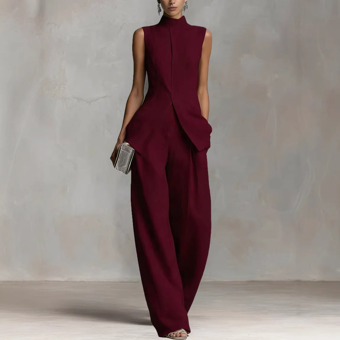 Damen Eleganter Jumpsuit mit hochgeschlossenem Kragen und weitem Bein
