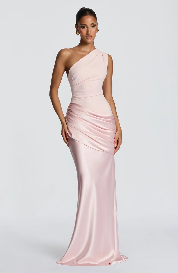 Damen elegantes asymmetrisches Satin-Abendkleid mit Drapé-Design