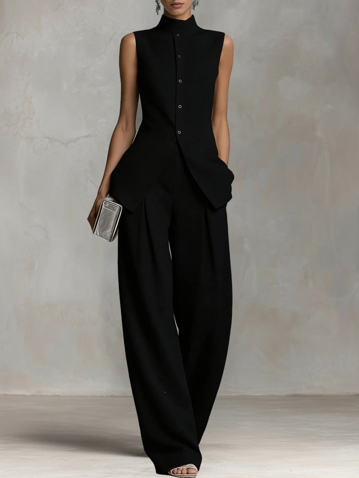 Damen Eleganter Jumpsuit mit hochgeschlossenem Kragen und weitem Bein