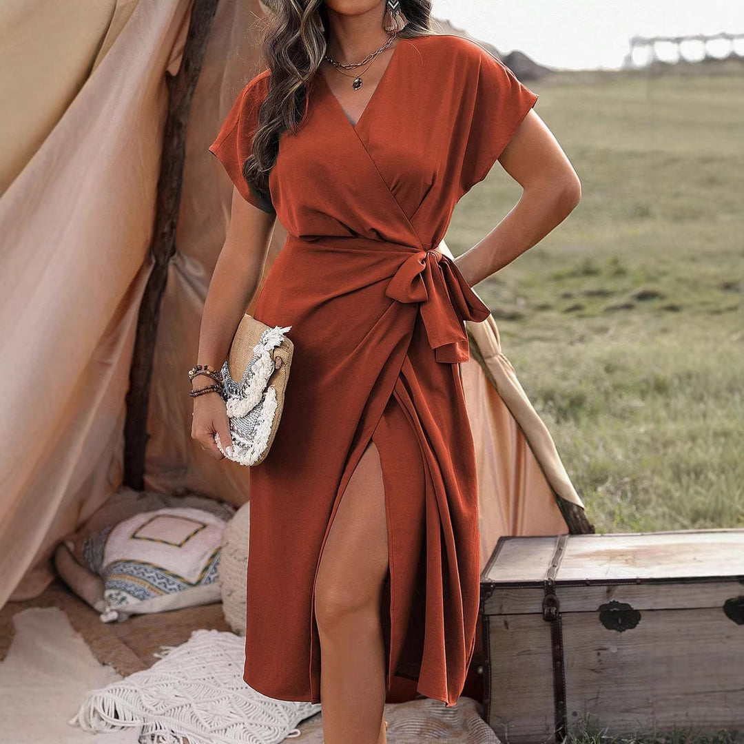 Damen Wickelkleid mit hohem Schlitz und elegantem V-Ausschnitt
