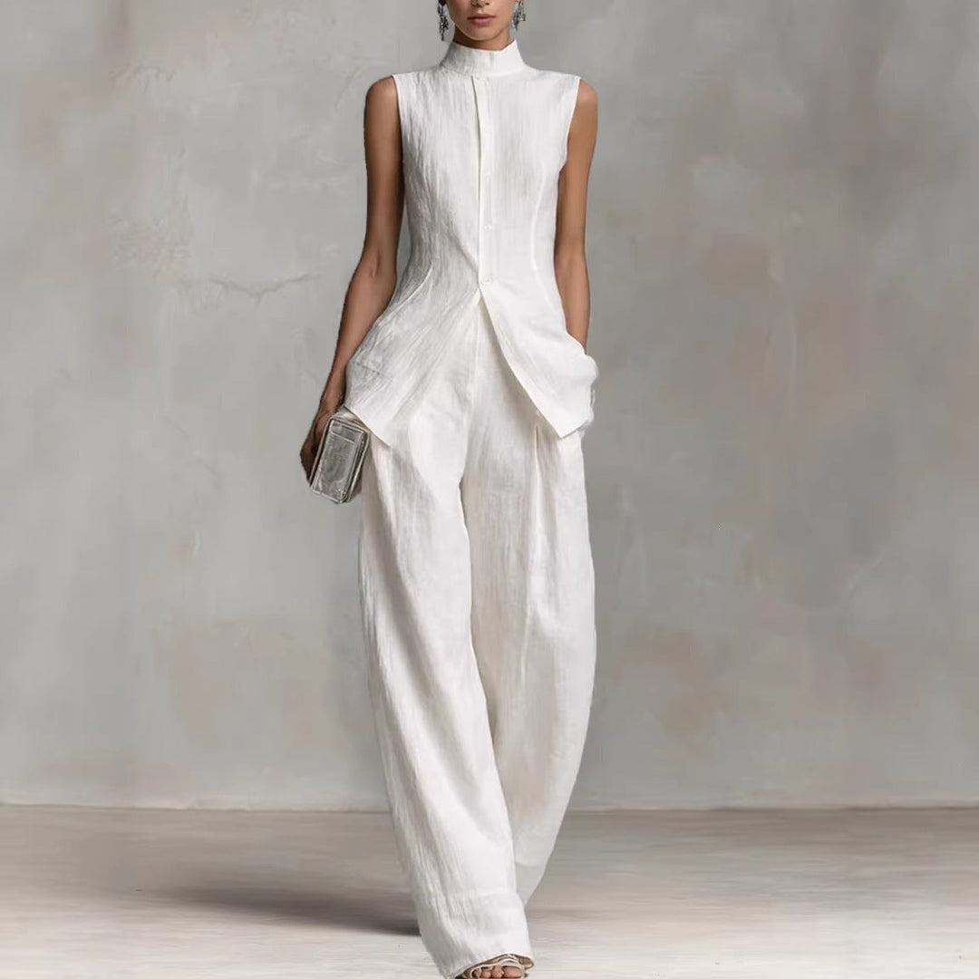 Damen Eleganter Jumpsuit mit hochgeschlossenem Kragen und weitem Bein